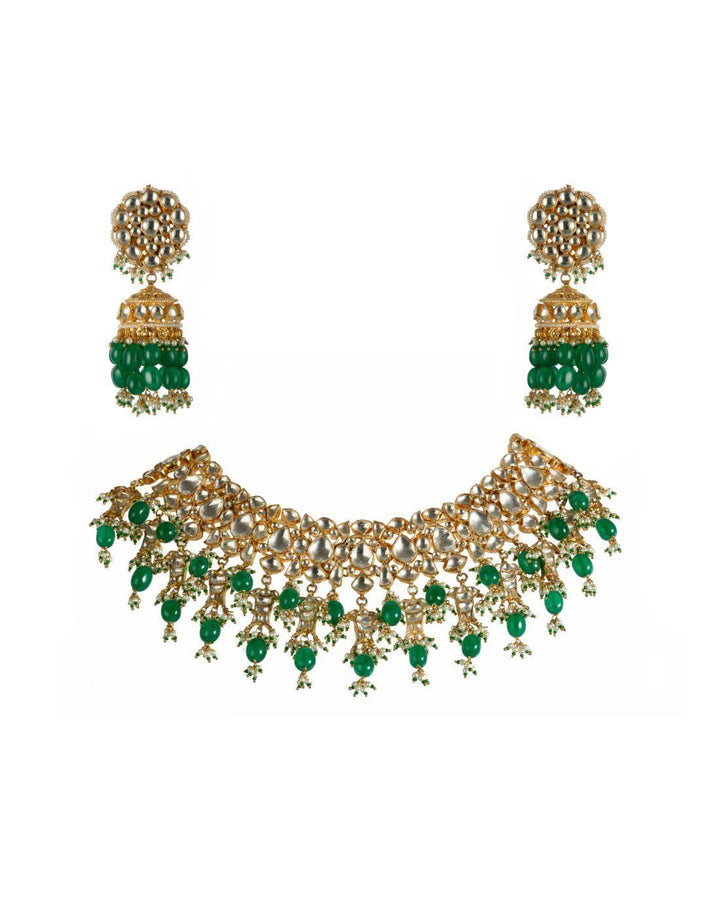 Gold plated Green And White Pearl - Kundan Polki Necklace With Jhumki Earrings-Accessories-Glamourental