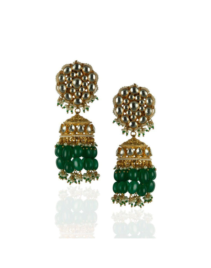 Gold plated Green And White Pearl - Kundan Polki Necklace With Jhumki Earrings-Accessories-Glamourental