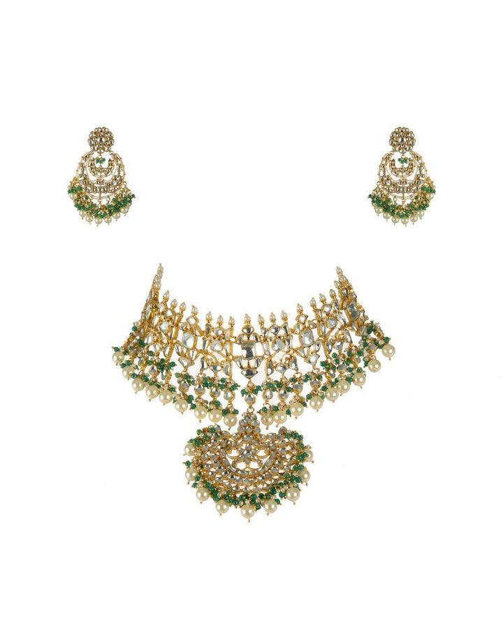 22k Emerald Green And White Kundan Necklace Set-Accessories-Glamourental