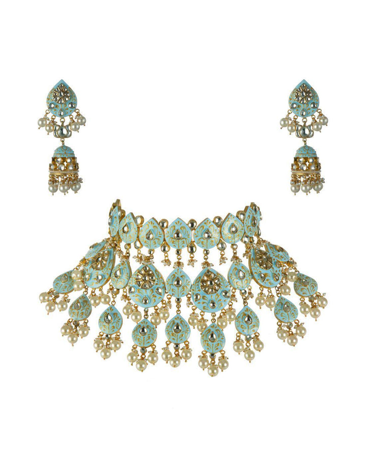 Moghul Pastel Blue Meenakari Choker Necklace Online -USA-Accessories-Glamourental