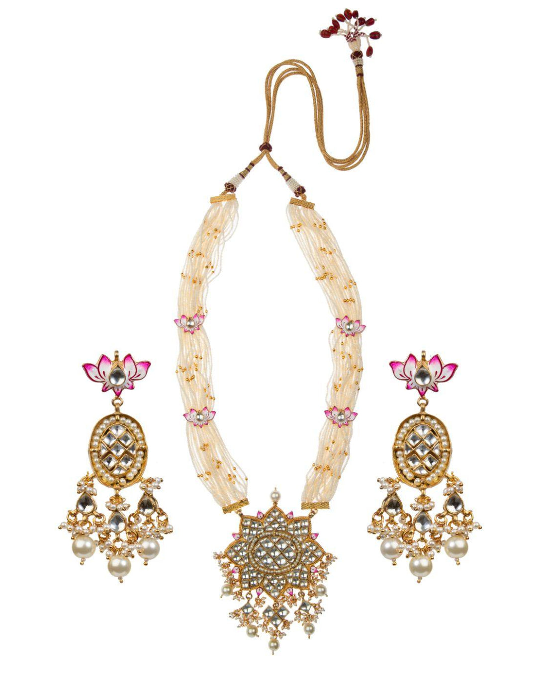 22k Gold Plated Lotus Pink And White Jadtar Pendant Set-Accessories-Glamourental