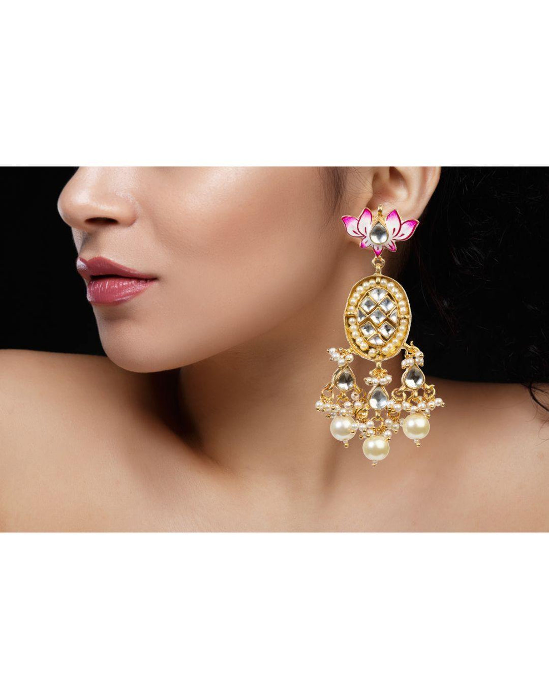 22k Gold Plated Lotus Pink And White Jadtar Pendant Set-Accessories-Glamourental