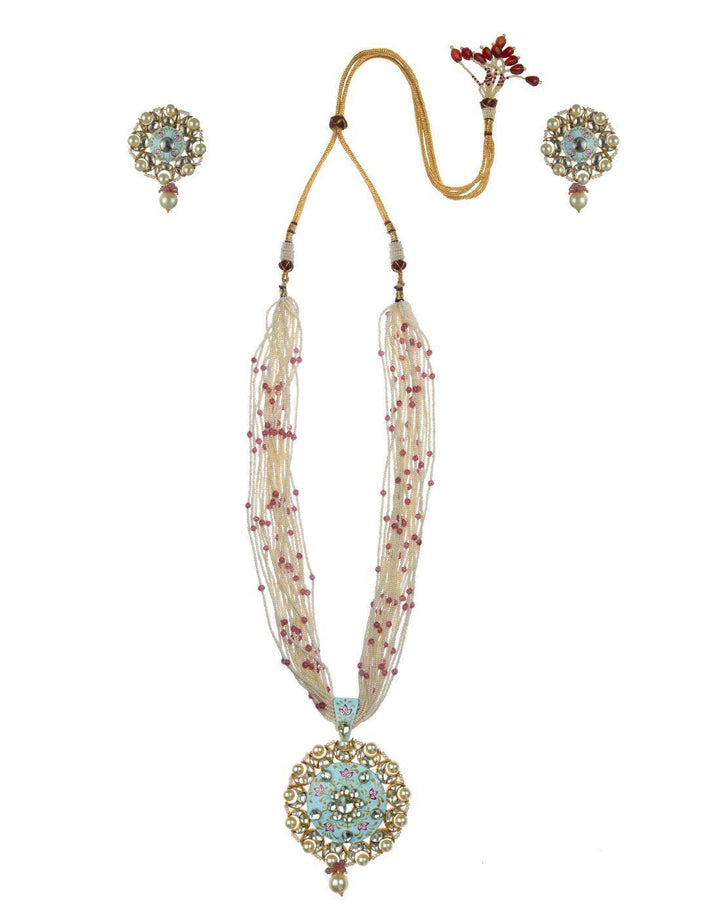 GOLD PATED FIROZI BLUE MINAKARI PENDANT SET-Accessories-Glamourental