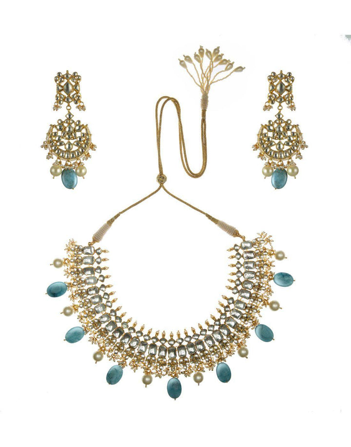 22k Gold Plated Sea Blue And White Jadtar Necklace Set-Accessories-Glamourental