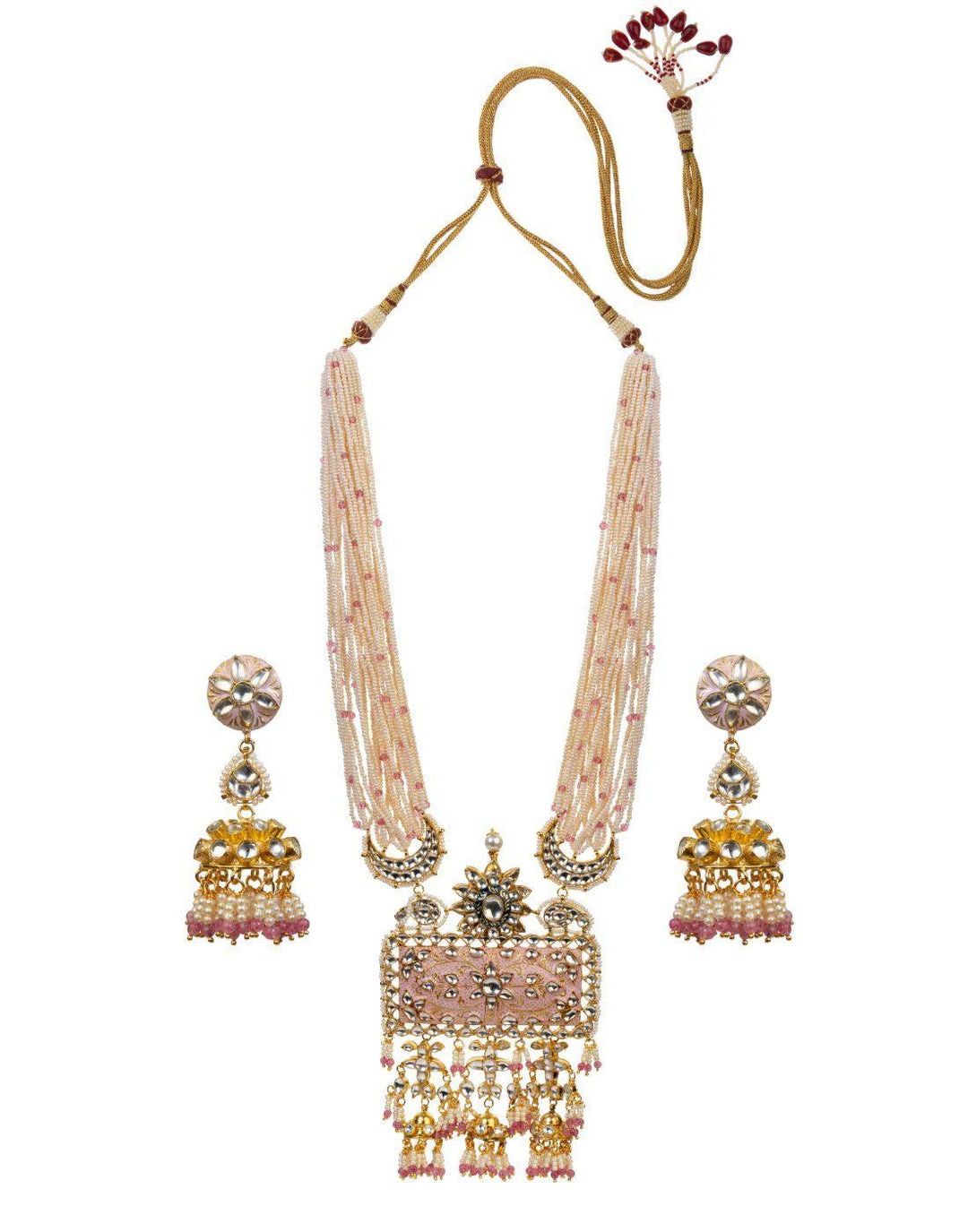 Peach Lehenga Choli for Wedding + Antique Gold sequins Hand-embroidered Potli + Pink and White Pearl Meenakari Heavy Pendant Necklace Set - Rent