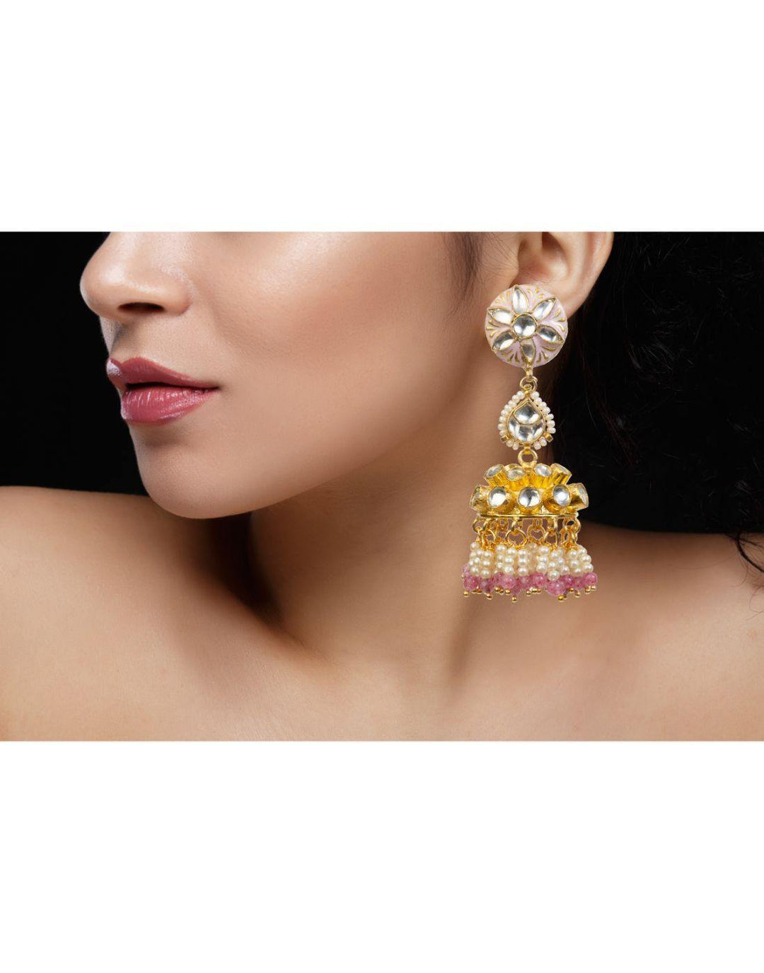 Pink and White Pearl Meenakari Heavy Pendant Necklace Set-Accessories-Glamourental