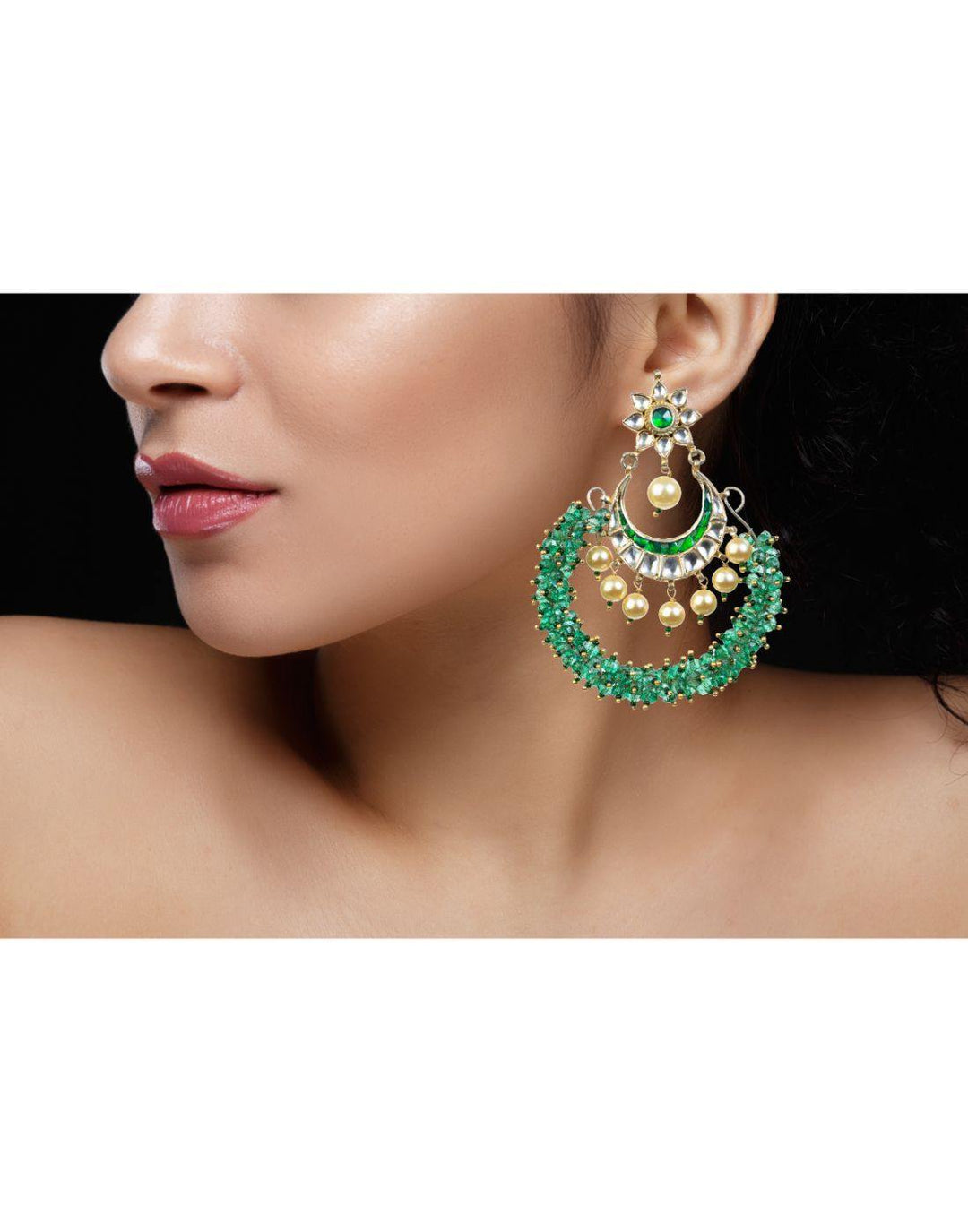 Chand Earrings With Light Green Beads-Accessories-Glamourental