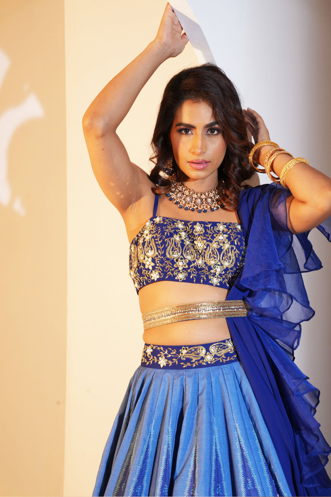 Rashika Sharma's Blue embroidered Lehenga Set with belt - Rent