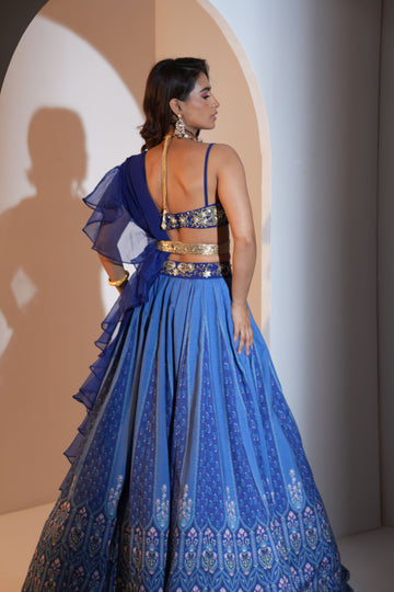 Rashika Sharma's Blue embroidered Lehenga Set with belt - Rent