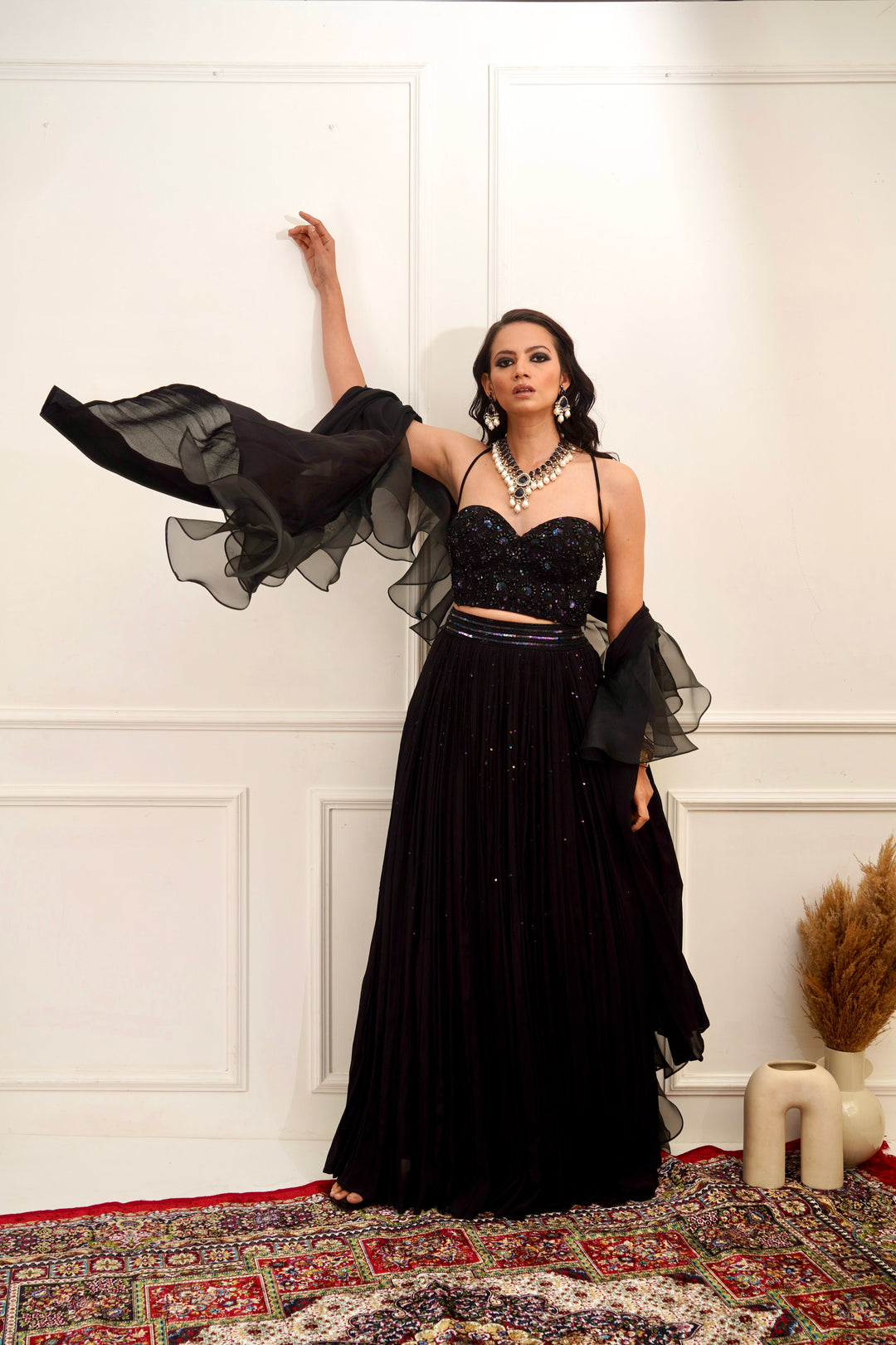 Designer Rashika's Elegant Black Corset and gathered lehenga- Rent