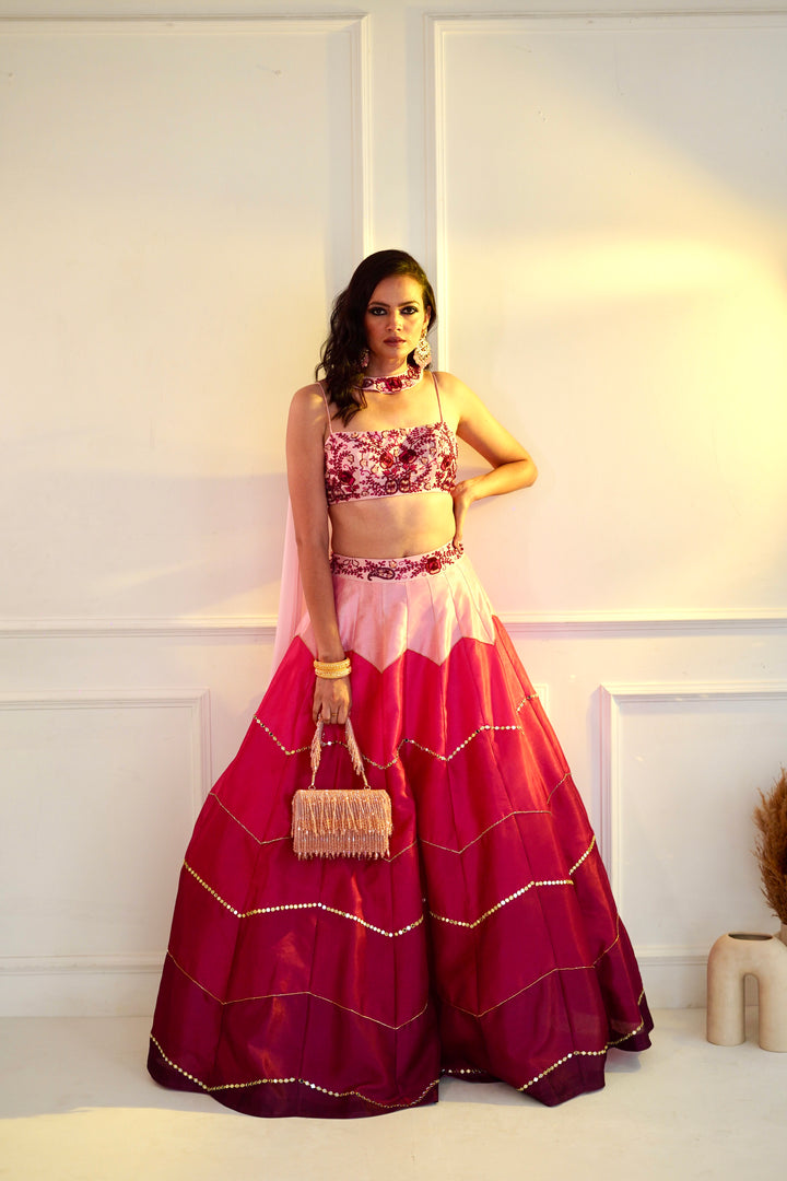 Designer Rashika's Classy Pink Dupion Ombre Lehenga - Rent