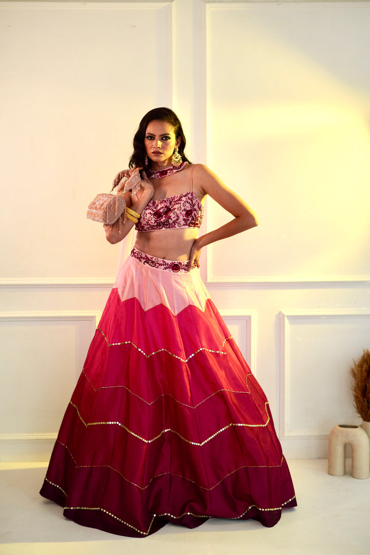 Designer Rashika's Classy Pink Dupion Ombre Lehenga - Rent