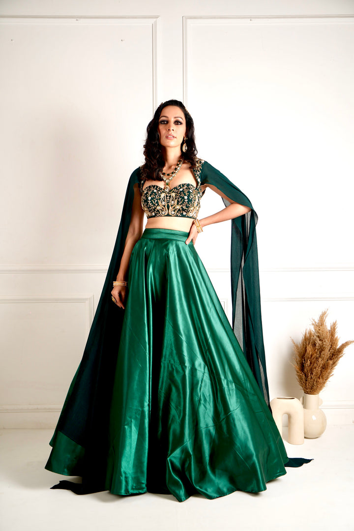 Designer Rashika's An Elegant Green blackout satin  lehenga - Rent