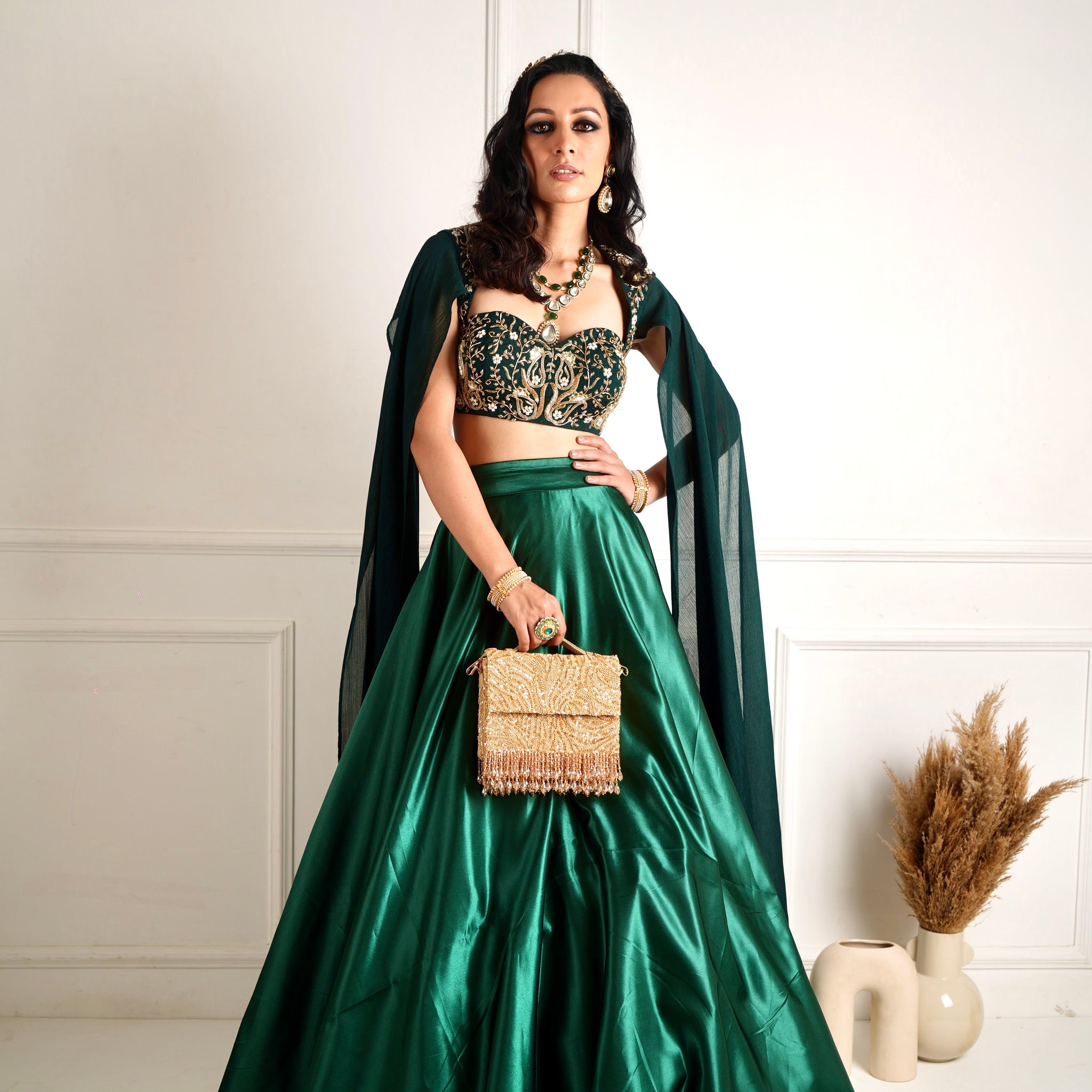 Designer Rashika'S An Elegant Green Blackout Satin  Lehenga - Rent