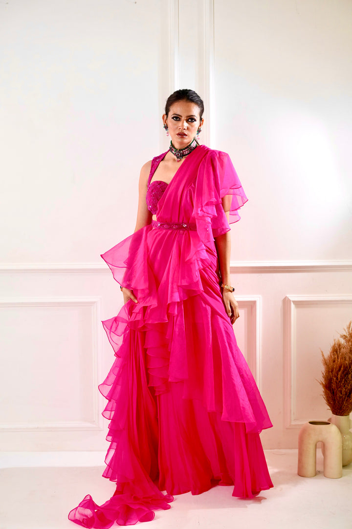 Designer Rashika's Pink colored beautiful  Ruffle Sarees- Rent