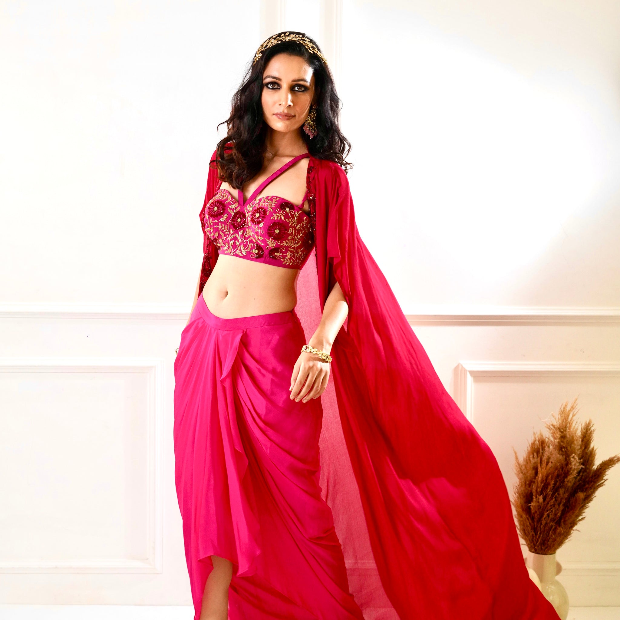 Designer Rashika's A Classy Maroon and pink Drape Skirt and Cape- Rent