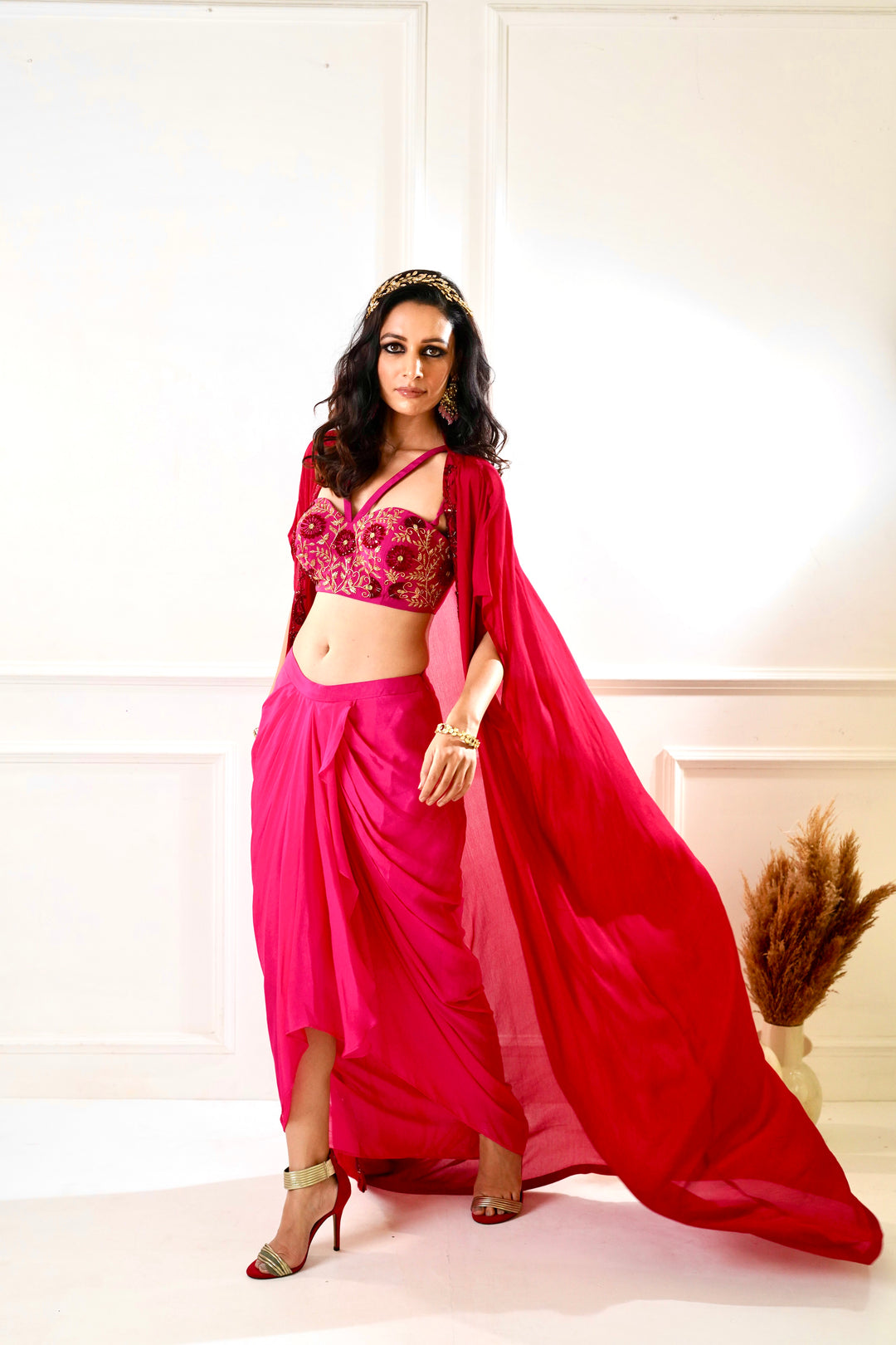 Designer Rashika's A Classy Maroon and pink Drape Skirt and Cape- Rent