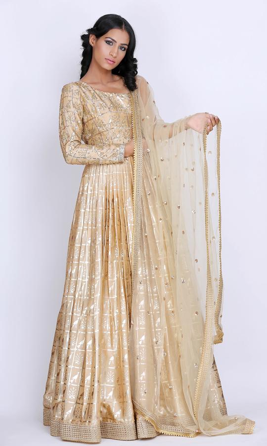 Rent Golden One Shoulder Anarkali Gowns 7 Days / Gold / XL Rent Golden One Shoulder Anarkali Gowns 7 Days / Gold / XL