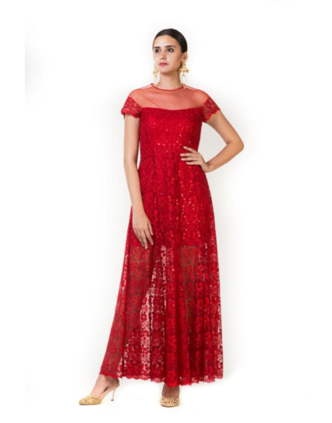 Rent Red Embroidered Tulle Gowns-Women-Glamourental