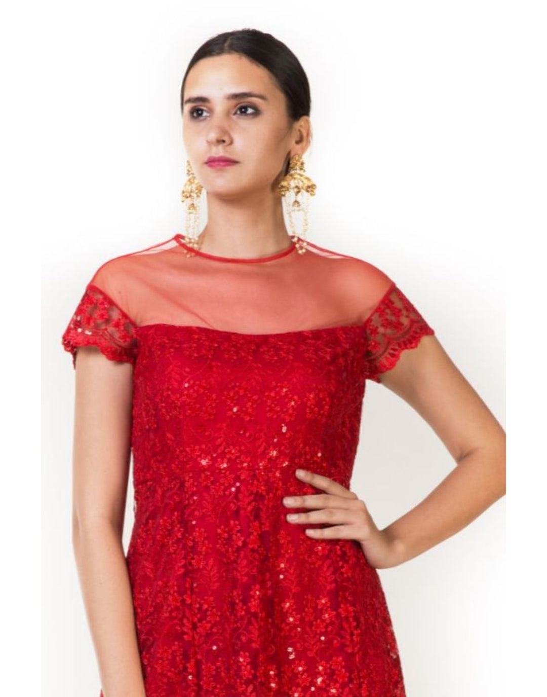 Rent Red Embroidered Tulle Gown-Women-Glamourental