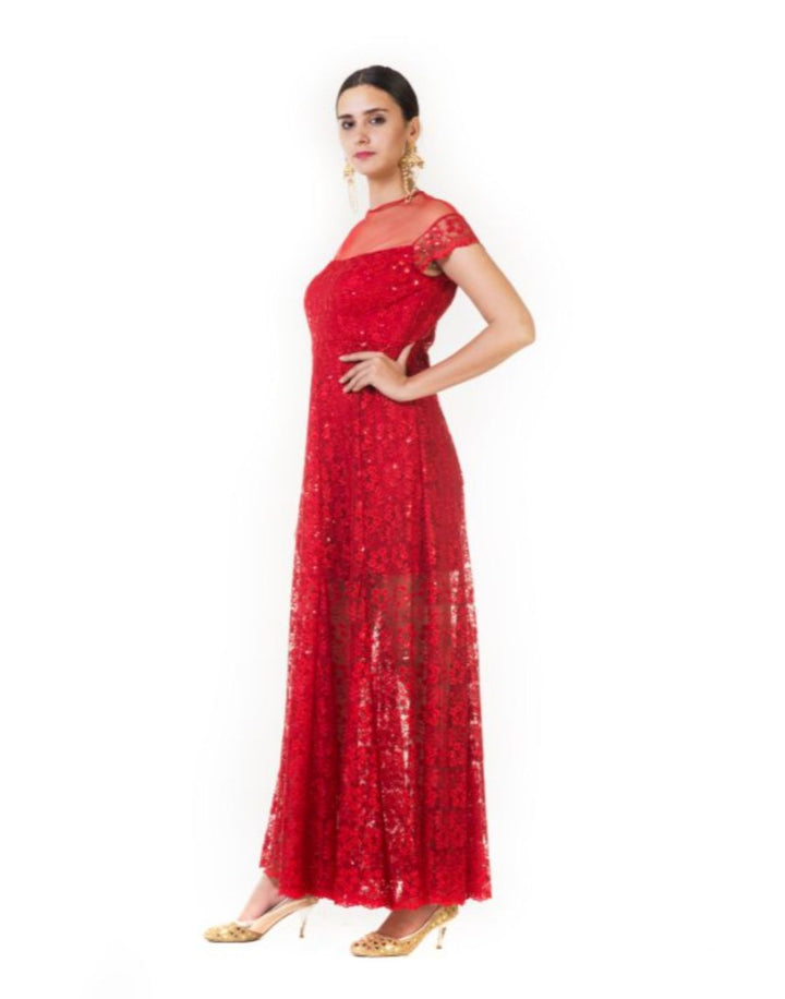 Rent Red Embroidered Tulle Gowns-Women-Glamourental