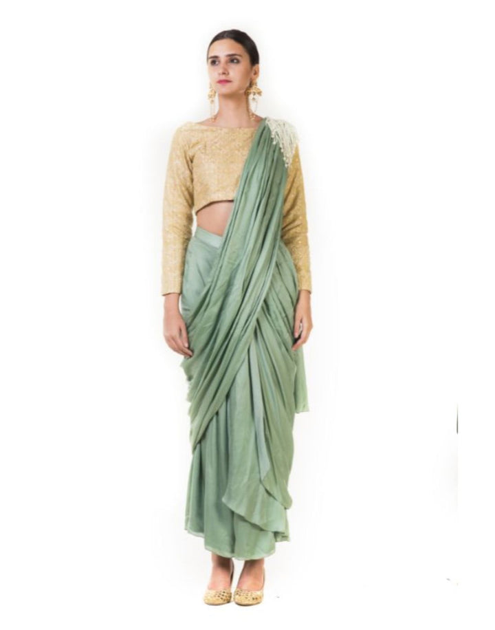 Rent Green Draped Pre-stitched Dhoti Saree with a Hand Embroidered Beige Blouse-Women-Glamourental