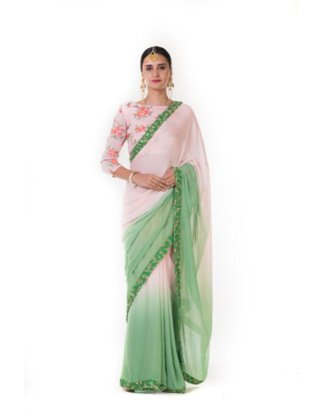 Rent Peach & Green Shaded Classic Saree with Embroidered Border & Blouse-Women-Glamourental