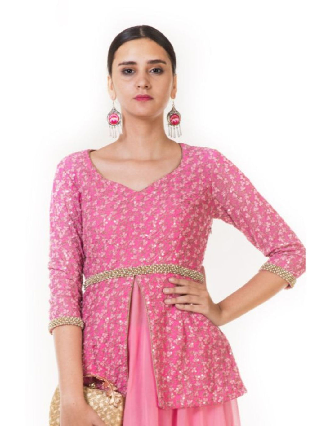 Rent Embroidered Pink Indowestern Layered Kurta & Flared Sharara Pants-Women-Glamourental