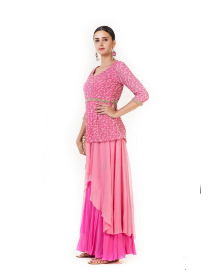 Rent Embroidered Pink Indowestern Layered Kurta & Flared Sharara Pants-Women-Glamourental