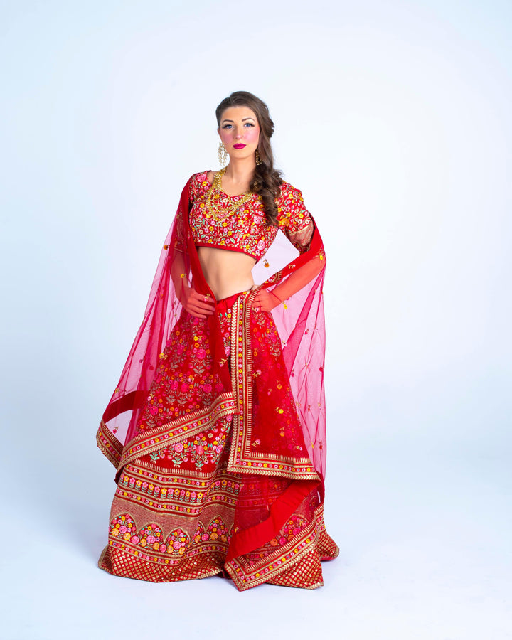 Red Pure Silk Heavy Embroidered Bridal Lehenga Choli With Dupatta - Glamourental