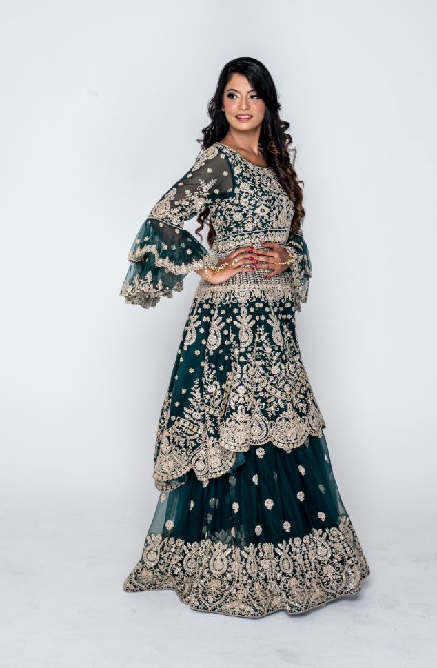 Olive Green Heavy Embroidered Sharara - Rent