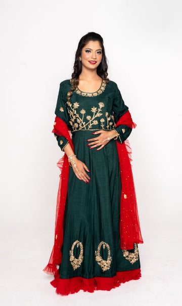 Olive Green and Red Anarkali for Wedding Guest - Rent