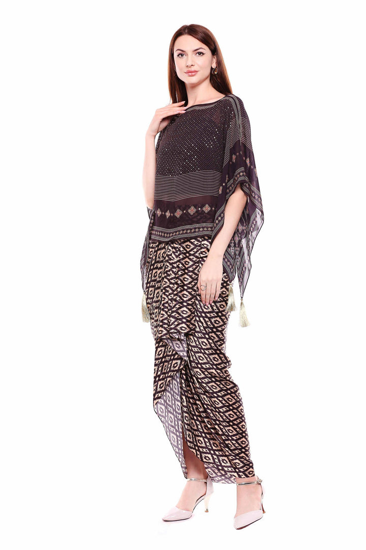 chiffon kaaftan top with antique gold zardosi embroidery top with ikkat print drape skirt - Glamourental