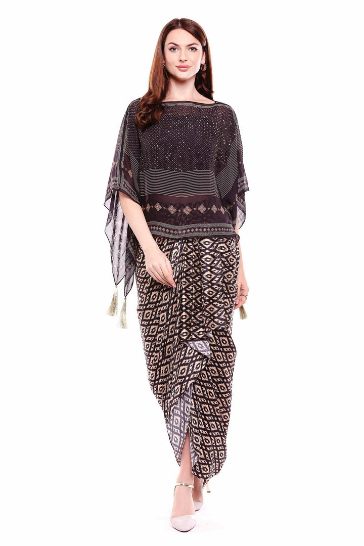 chiffon kaaftan top with antique gold zardosi embroidery top with ikkat print drape skirt - Glamourental