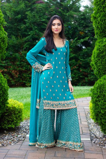 Rent Green Embroidered Sharara-Women-Glamourental