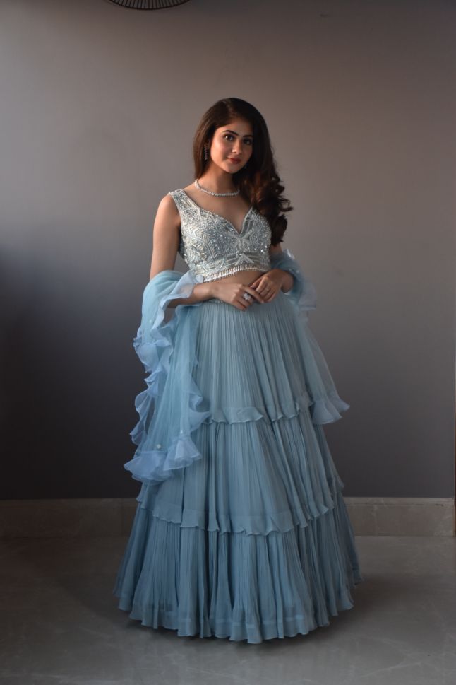 Designer Kanika Kapoor's Sky Blue Color Georgette Ruffle Lehenga - Rent