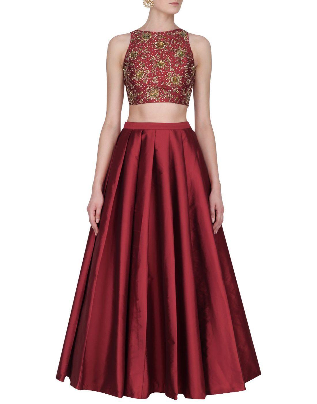 Rent Maroon Silk Embellished Top And Skirt-Women-Glamourental