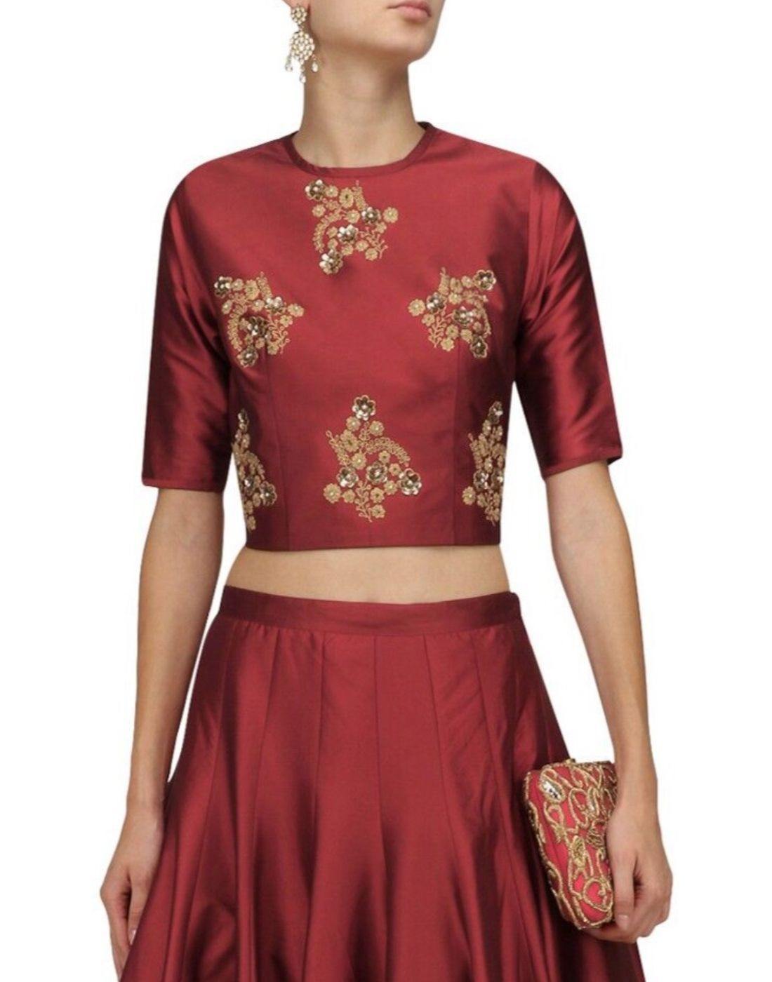 Rent Maroon Silk Embellished Top And Skirt-Women-Glamourental