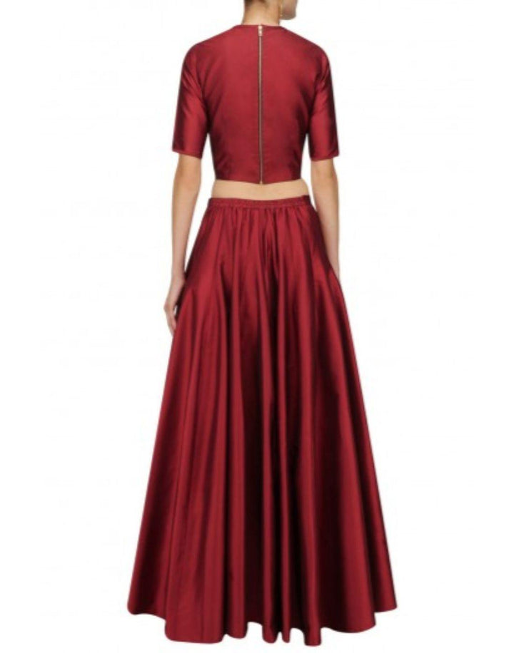 Rent Maroon Silk Embellished Top And Skirt-Women-Glamourental