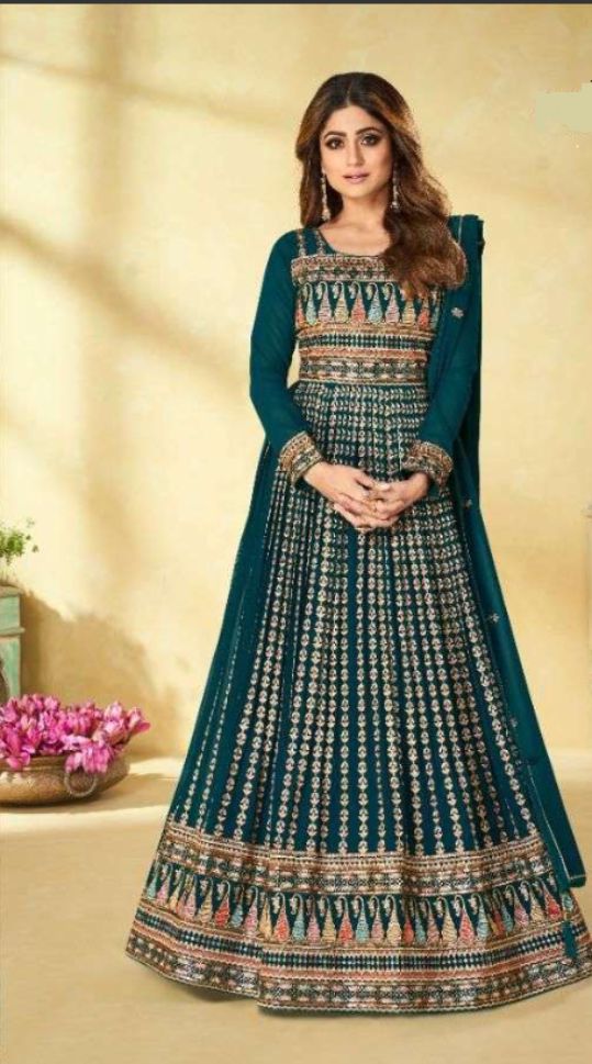 Green Embroidery Wedding Wear Faux Georgette Designer Salwar Suits - Rent