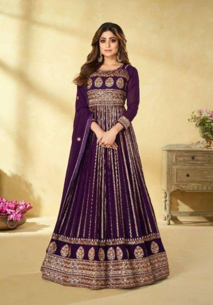 Purple Embroidery Wedding Wear Faux Georgette Designer Salwar Suits - Rent