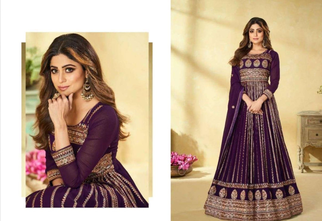 Purple Embroidery Wedding Wear Faux Georgette Designer Salwar Suits - Rent