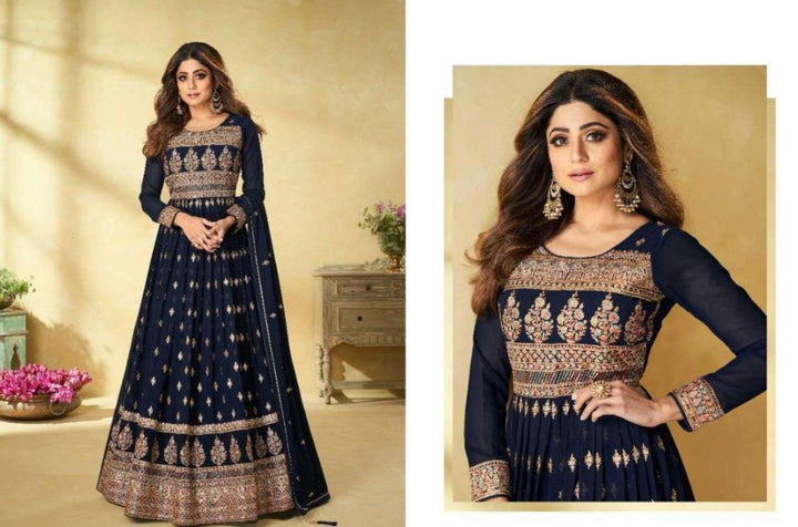 Dark Blue Embroidery Wedding Wear Faux Georgette Designer Salwar Suits - Rent