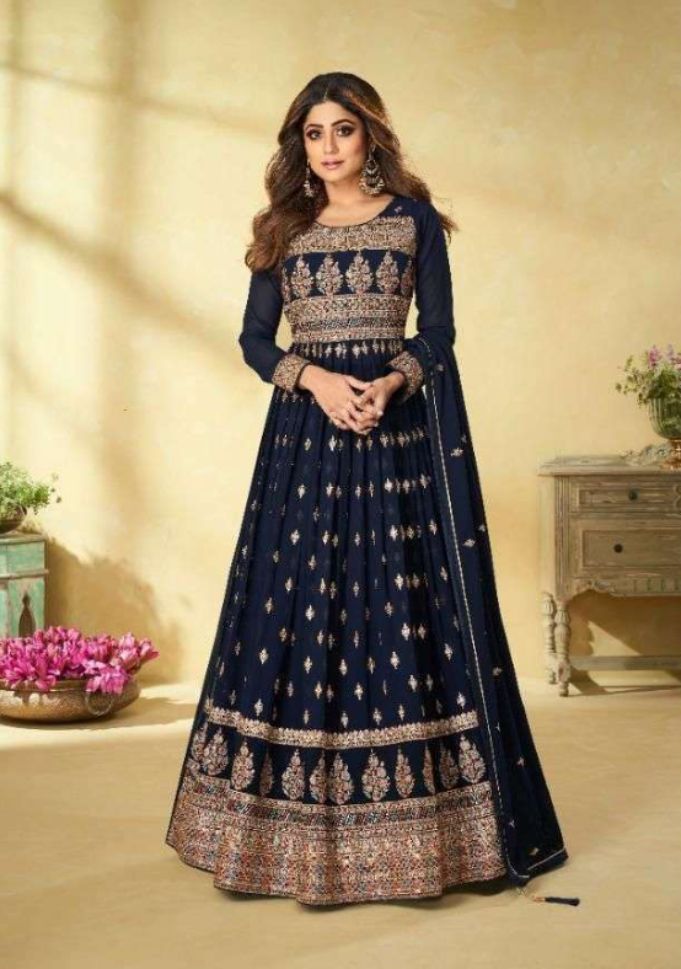Dark Blue Embroidery Wedding Wear Faux Georgette Designer Salwar Suits - Rent