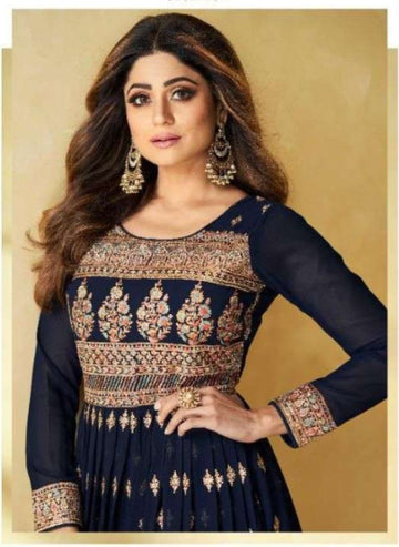 Dark Blue Embroidery Wedding Wear Faux Georgette Designer Salwar Suits - Rent