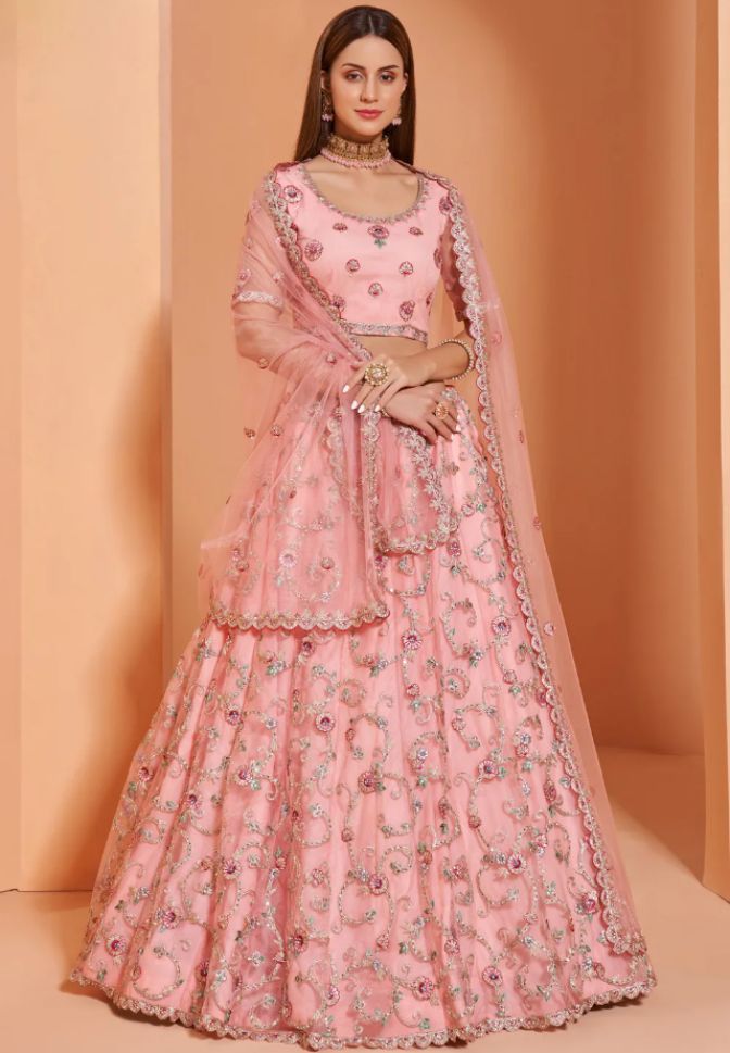 Beautiful Pink Colored Partywear Designer Lehenga Choli - Rent