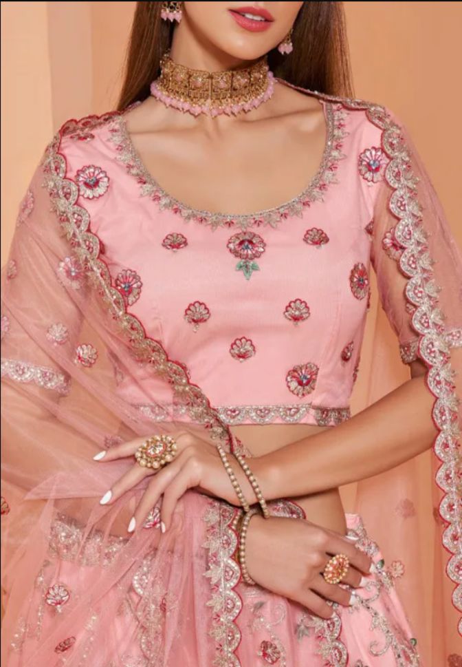 Beautiful Pink Colored Partywear Designer Lehenga Choli - Rent