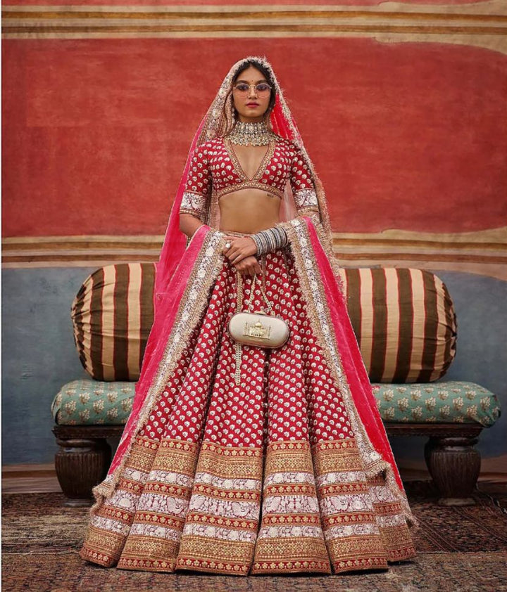 Stunning Red Color Hand embroidery bridal lehenga set - Rent