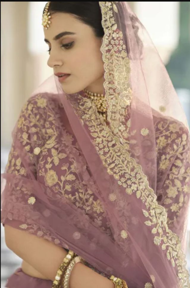 Purple And Golden Designer Embroidered Lehenga Choli - Rent