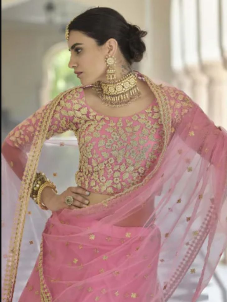 Light Pink And Golden Designer Embroidered Lehenga Choli - Rent